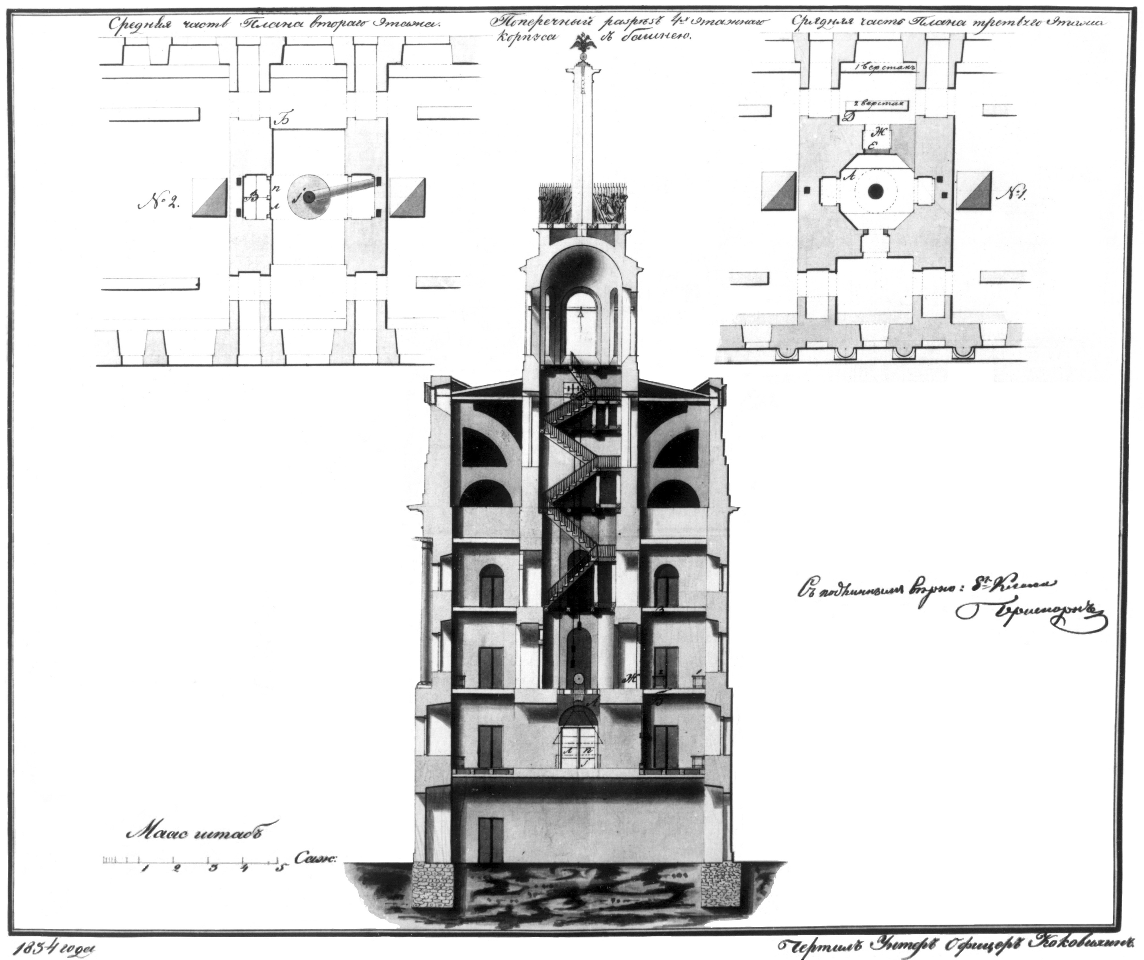 Поперечный разрез центральной части главного корпуса. Обмерный чертеж 1834 года, показывающий «допожарный» облик здания