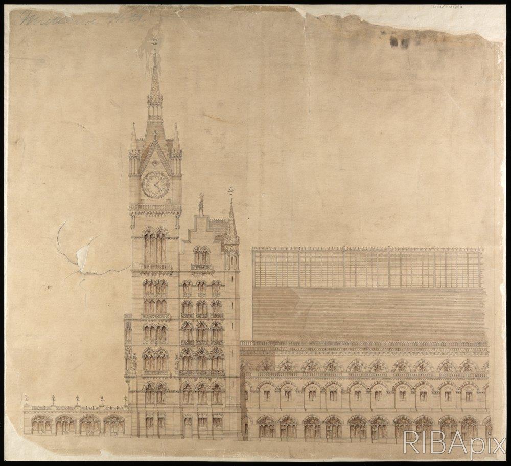 Эскиз фасада вокзала Сент-Панкрас и «Мидленд Гранд Отель» в Лондоне. Архитектор: Джорджа Гилберт Скотт (Sir George Gilbert Scott). Датировка изображения: 1860