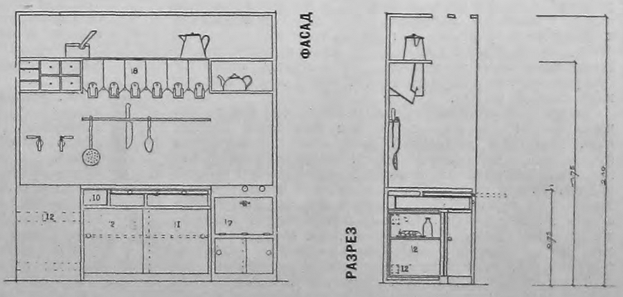 Кухонный элемент. Фасад. Разрез.