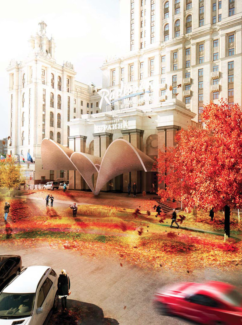 Проект архитектурного решения входной группы гостиницы «Украина». WORKac (США) при участии Thornton Tomasetti