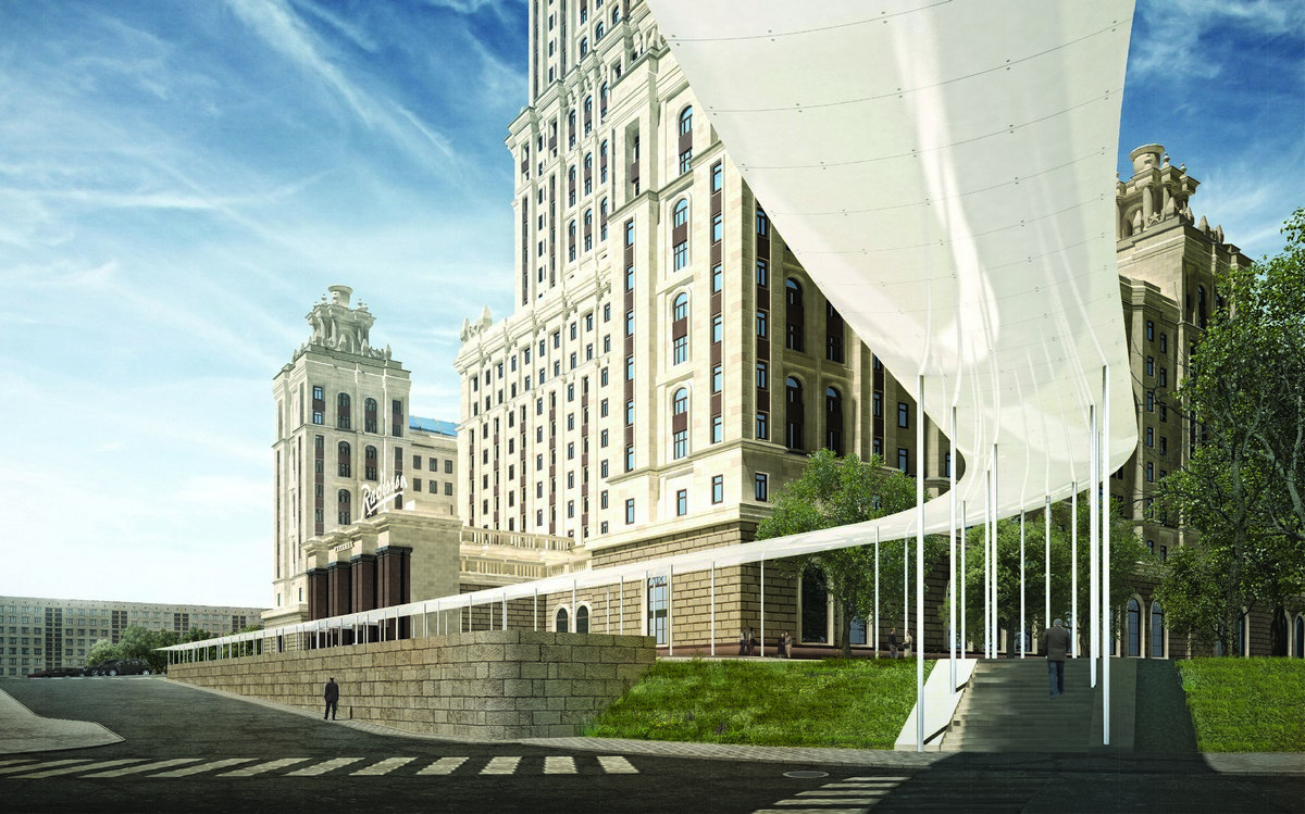 Проект архитектурного решения входной группы гостиницы «Украина». ТПО Лесосплав (Россия) при участии Malishev Wilson Engineers (Великобритания)