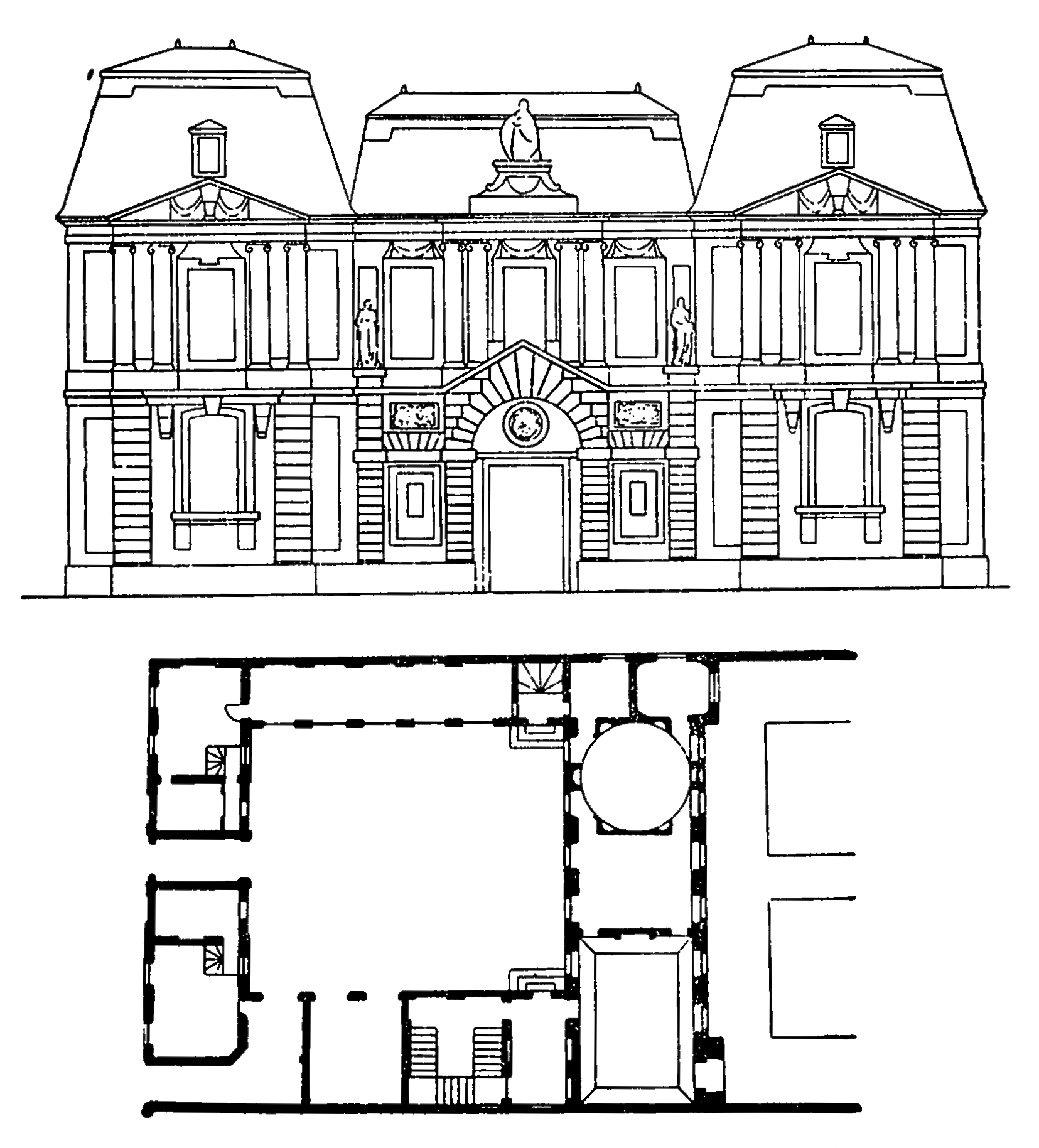 14. Париж. Отель Карнавале, 1636 г., Ф. Мансар. Фасад и план