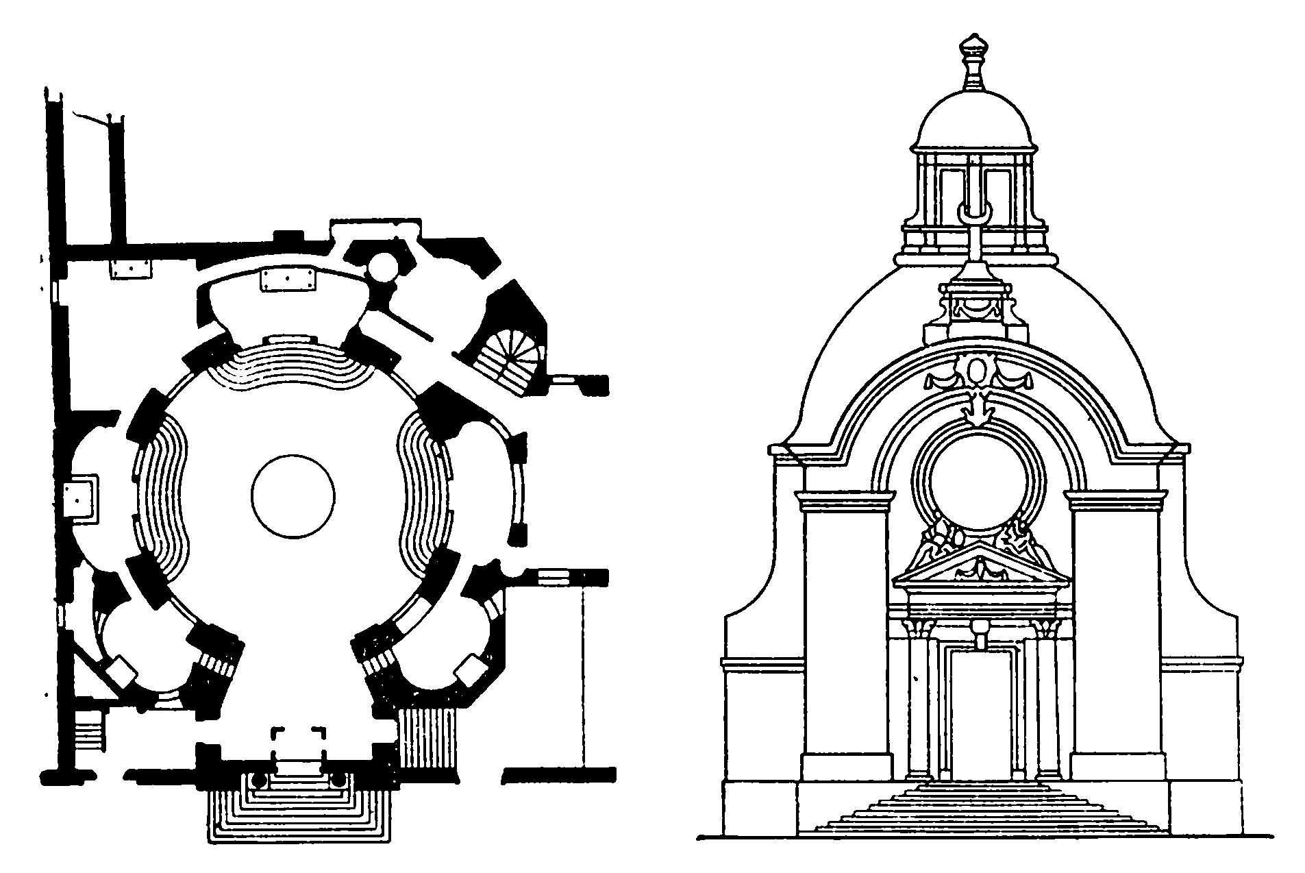 26. Париж. Монастырь Визиток. Церковь, 1632—1634 гг., Ф. Мансар. Фасад и план