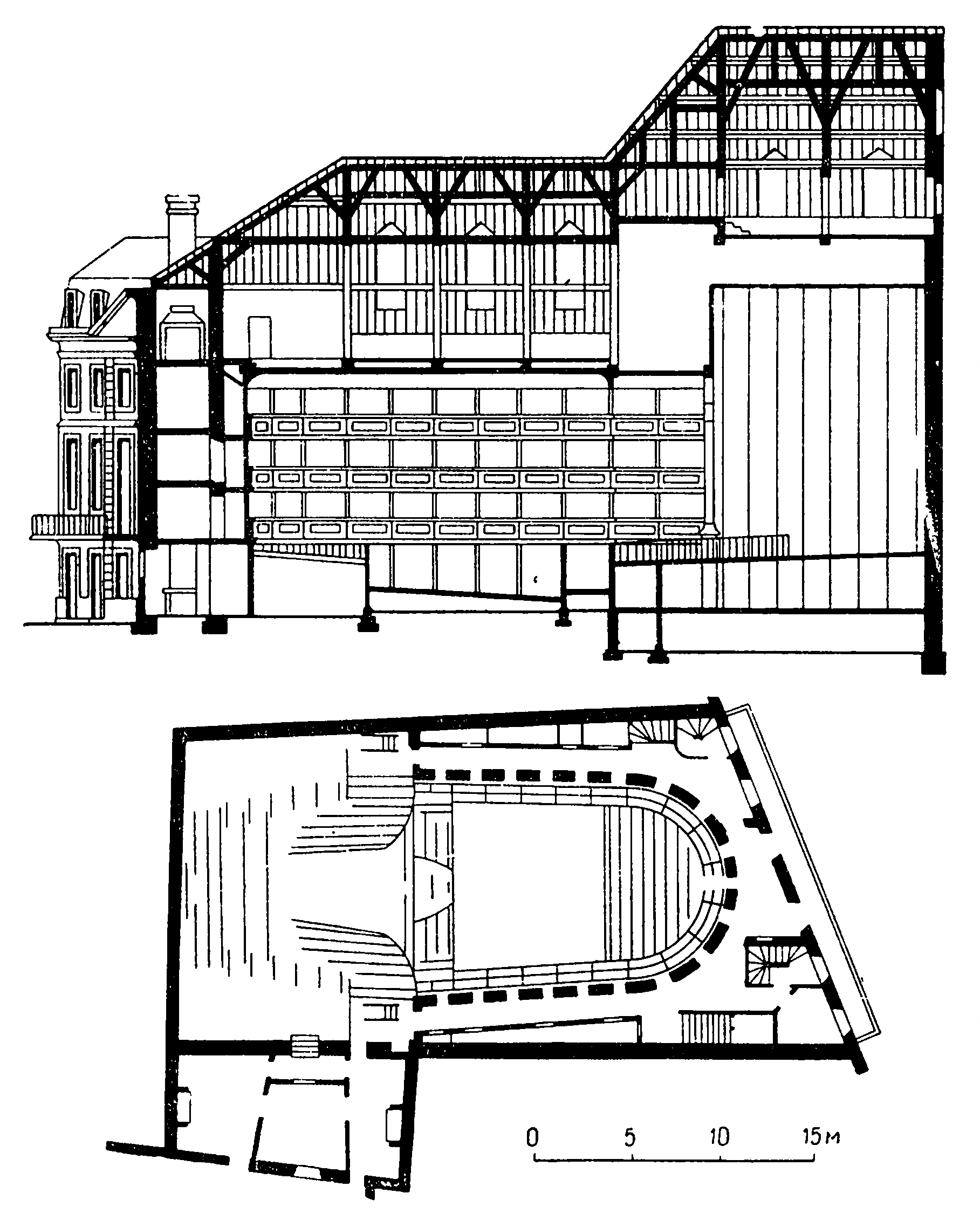 51. Париж. Театр «Комеди Франсез», 1688 г., Ф. Д’Орбэ. Фасад, план и разрез