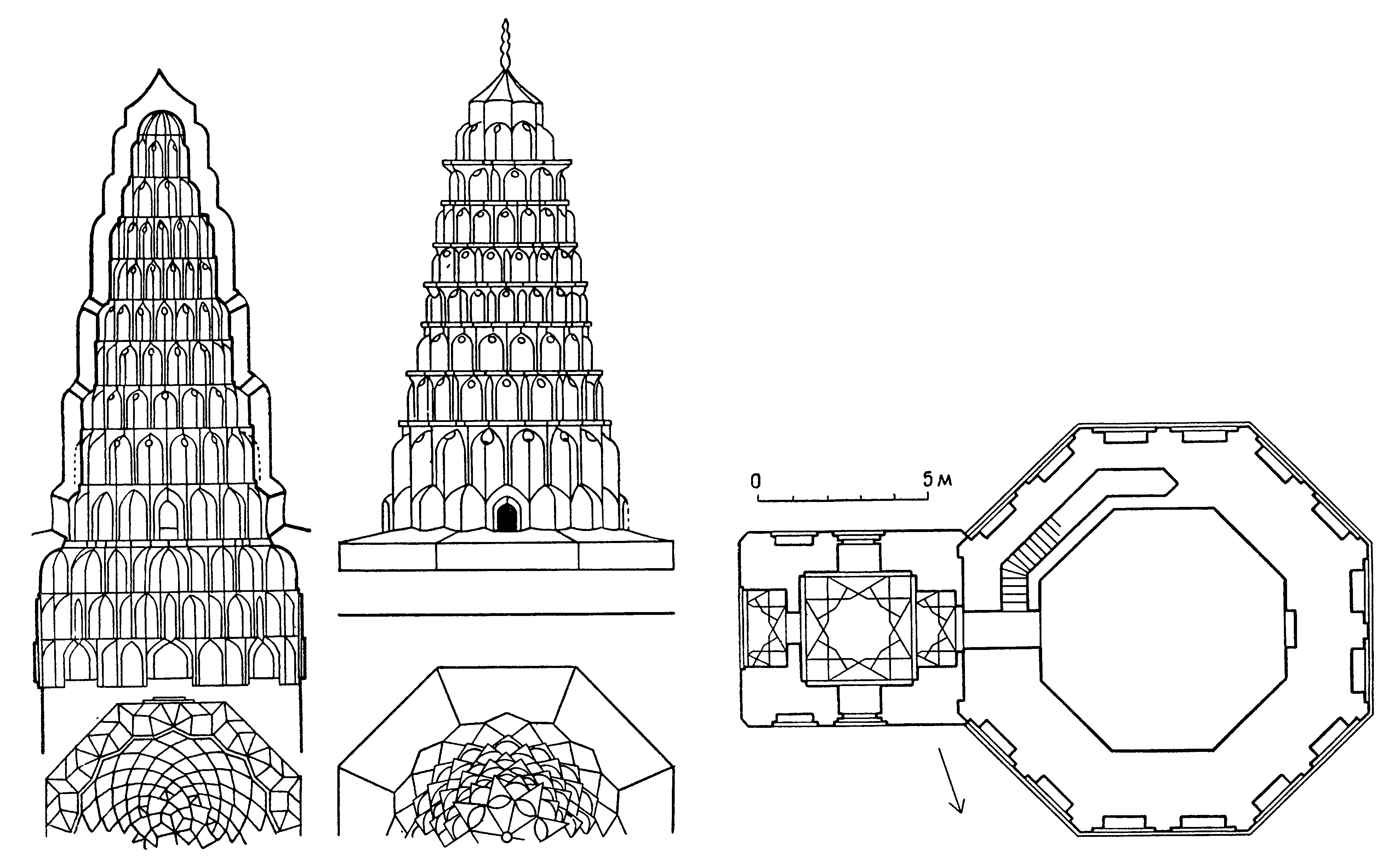 18. Багдад. Мавзолей Зубейды, XIII в. Разрез сталактитового купола, план