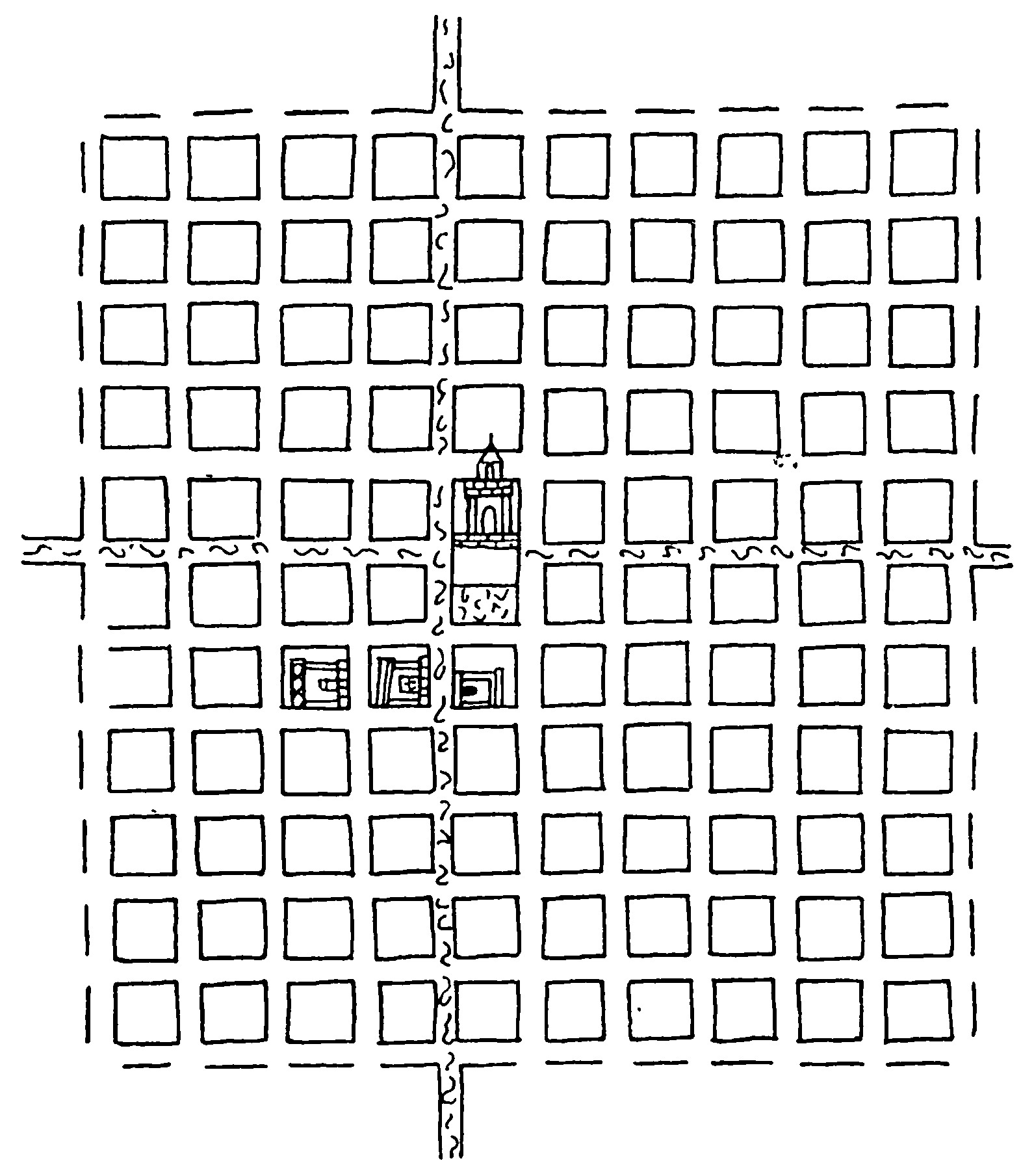 3. 1 — Ночистлан. План города, 1581 г.; 2 — Эредиа. Главная площадь с храмом, XVIII в.