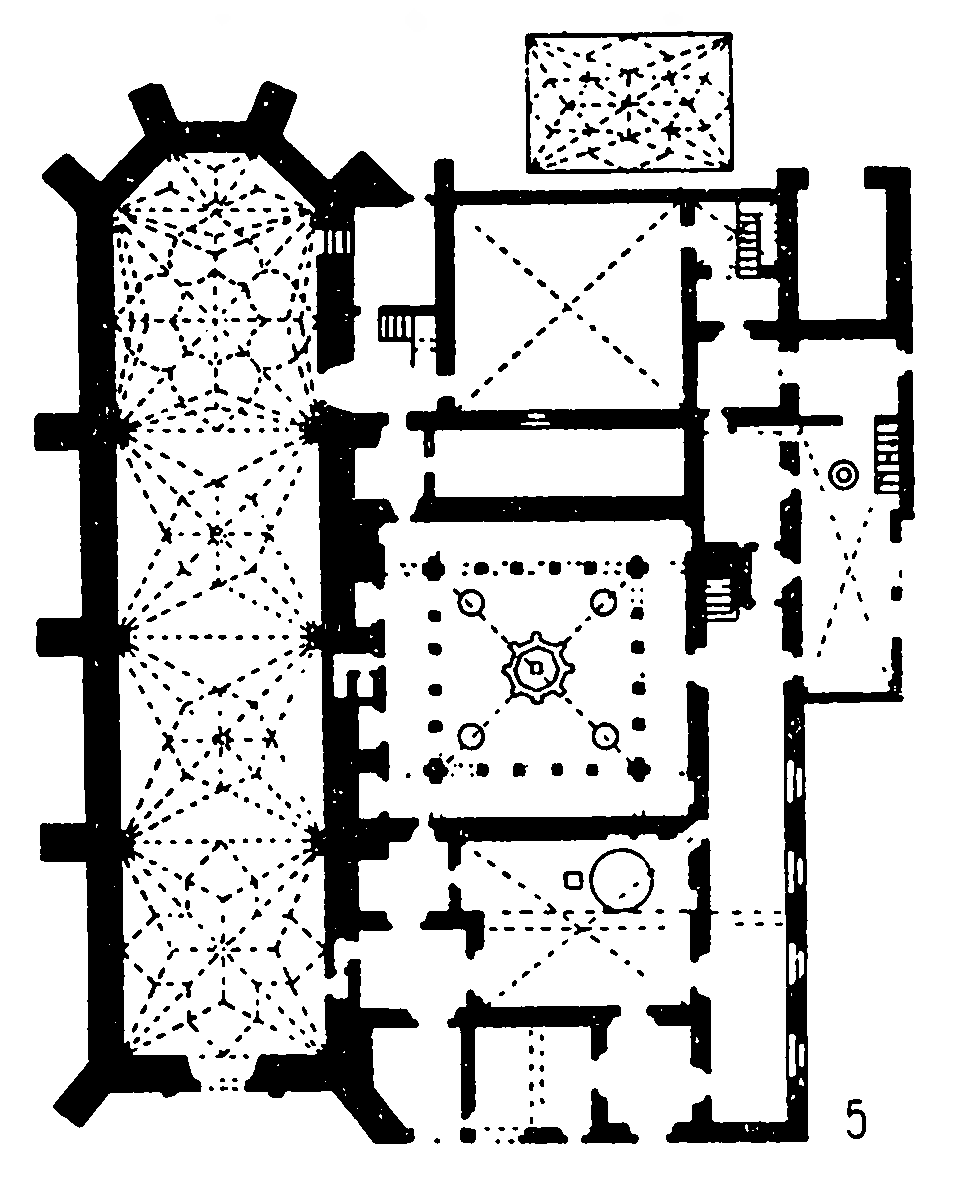 5 — Уэтхотцинго, францисканский монастырь, 1529—1550 гг., план, интерьер церкви