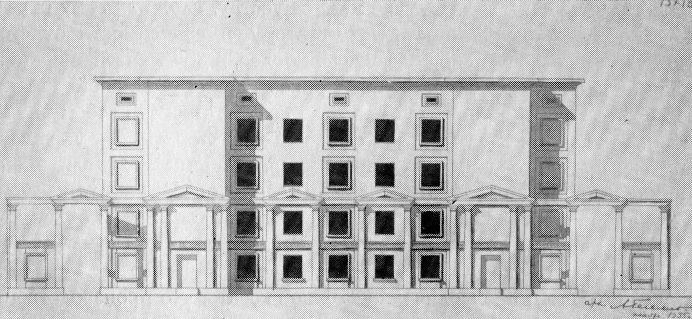 Перспектива к техническому проекту (выполнена арх. В. Дроздовым) и вариант фасада школы