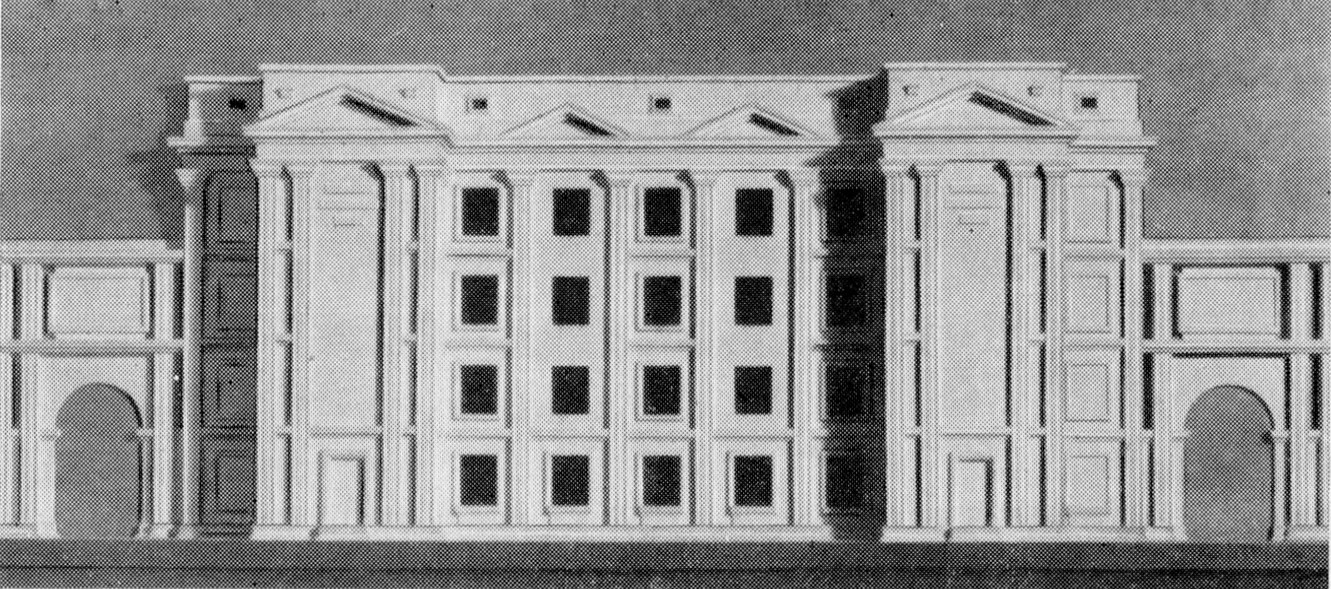 Модель утвержденного проекта школы и эскиз переработки фасада в 1946 г.