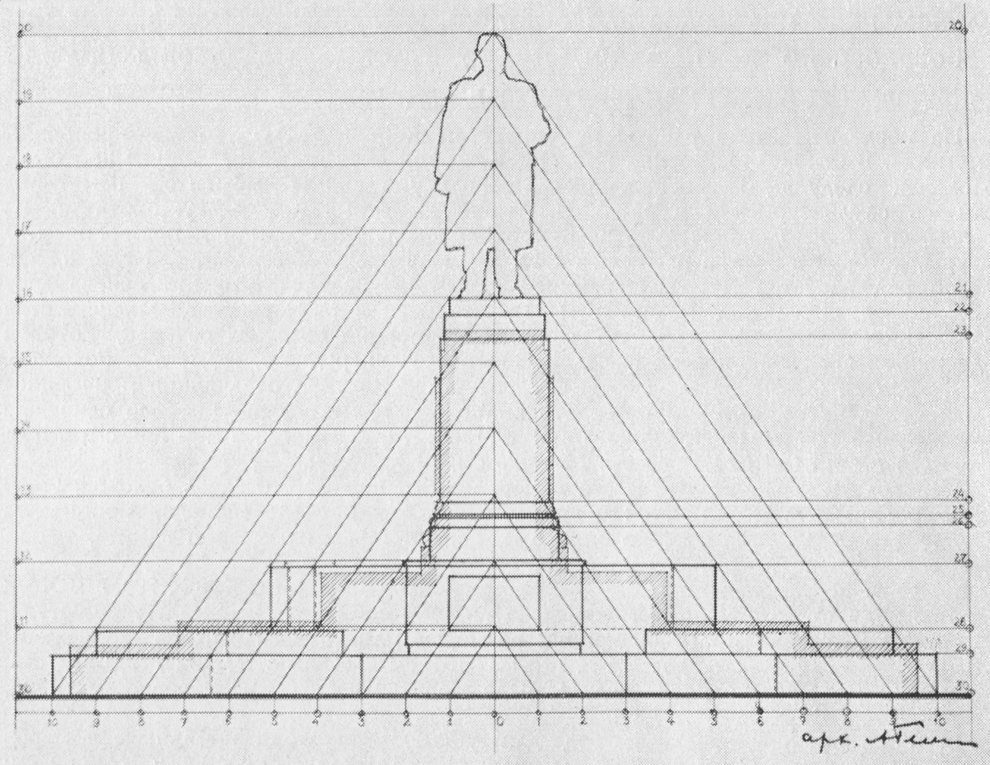 Схема пропорций главного и бокового фасадов памятника