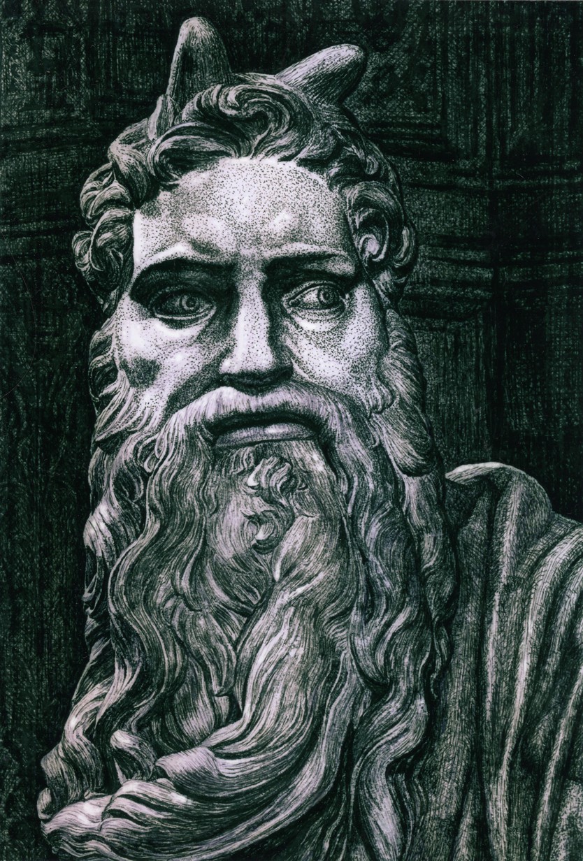 В. Ф. Козлов. Рисунок со скульптуры Микеланджело «Моисей», фрагмент «Голова Моисея». Тушь, перо