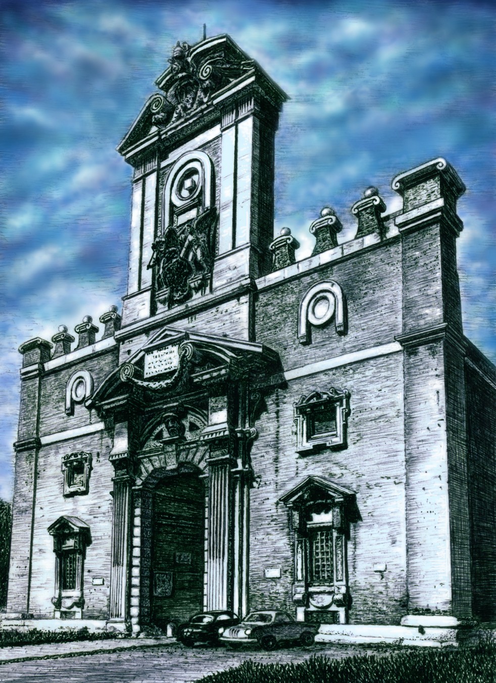 В. Ф. Козлов. Рисунок с архитектурного творения Микеланджело «Порта Пиа в Риме». Акварель, тушь, перо