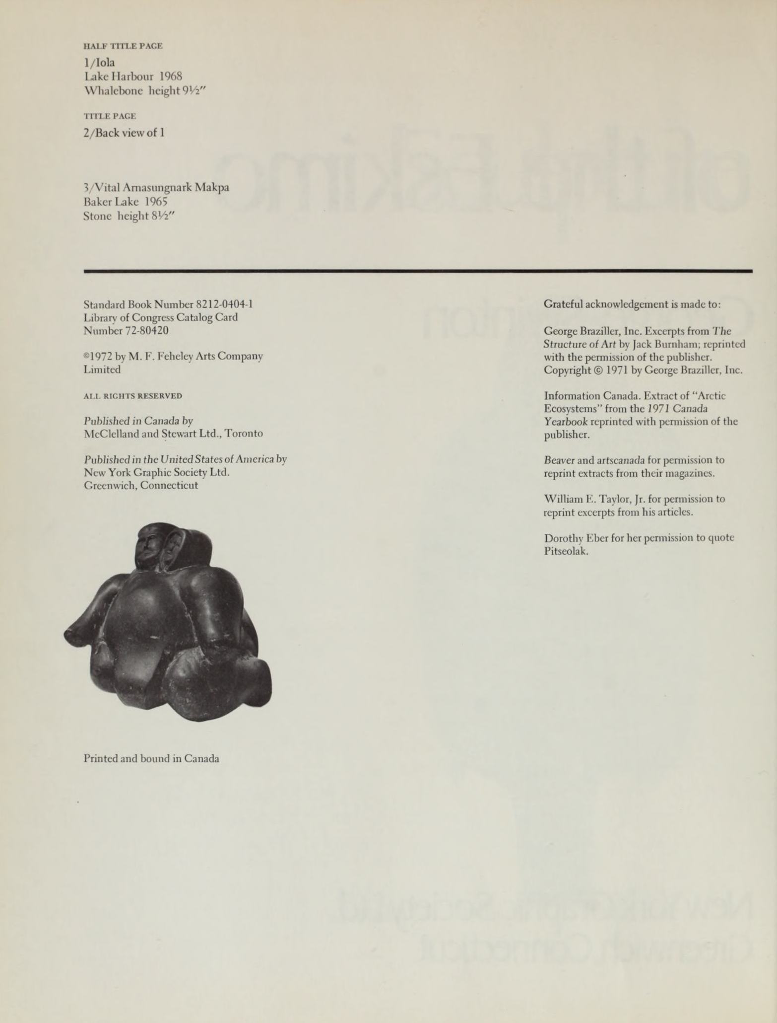 Sculpture of the Escimo / George Swinton. — Greenwich, Connecticut : New York Graphic Society, 1972