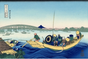 Кацусика Хокусай. Тридцать шесть видов Фудзи: № 12. Ночной вид на мост Рёгокубаси с берега реки Оммаяга